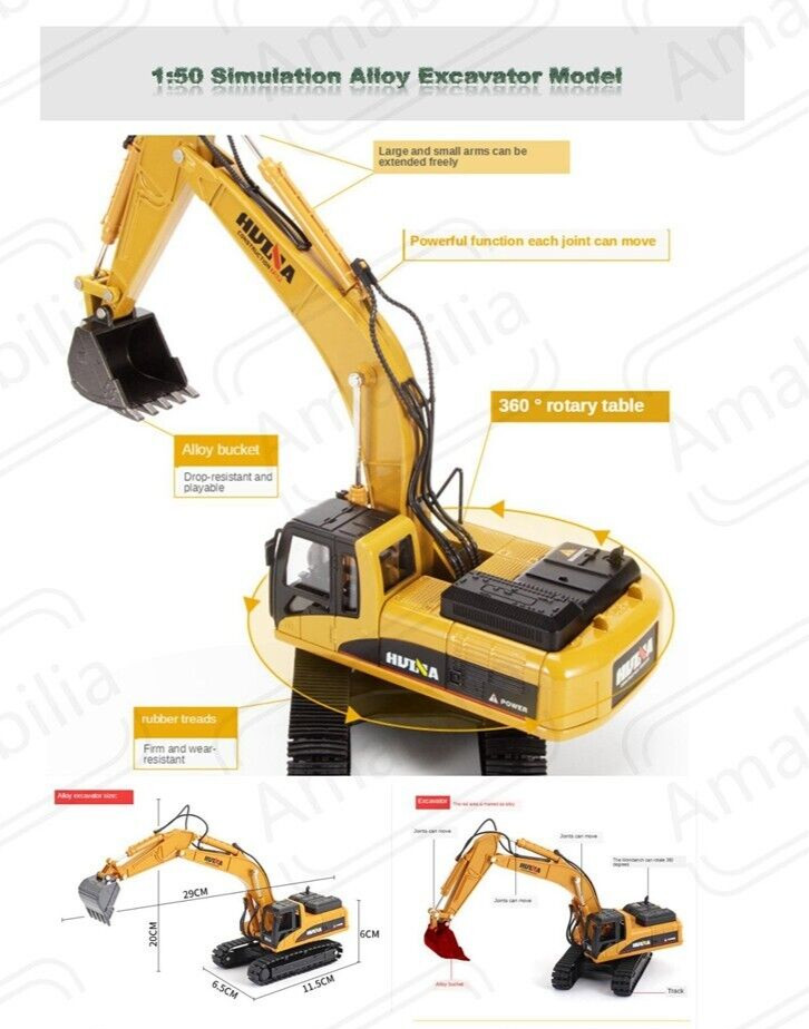 HUINA EXCAVATOR Alloy Engineering Construction 1:50 Metal Model Toy For Boys NEW