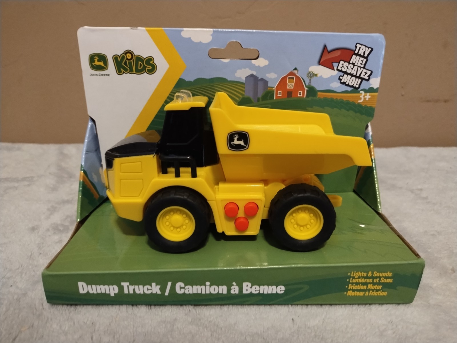 New John Deere Yellow Construction Dump Truck Vehicle Push Button Light Up Sound