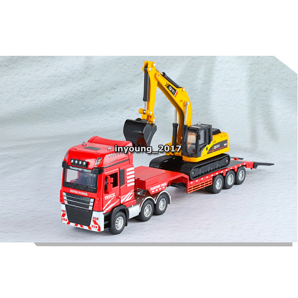 Flatbed Truck with Excavator Playset Diecast Toy Cars Toys for Boys Kids Red