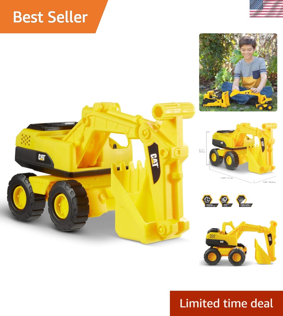 Durable 10” Cat Excavator Toy – Working Boom & Free-Rolling Wheels for Toddlers