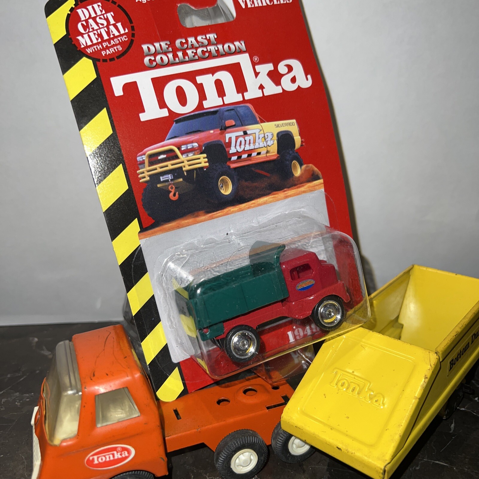 Vintage Metal Orange Tonka Truck With Bottom Dump trailer
