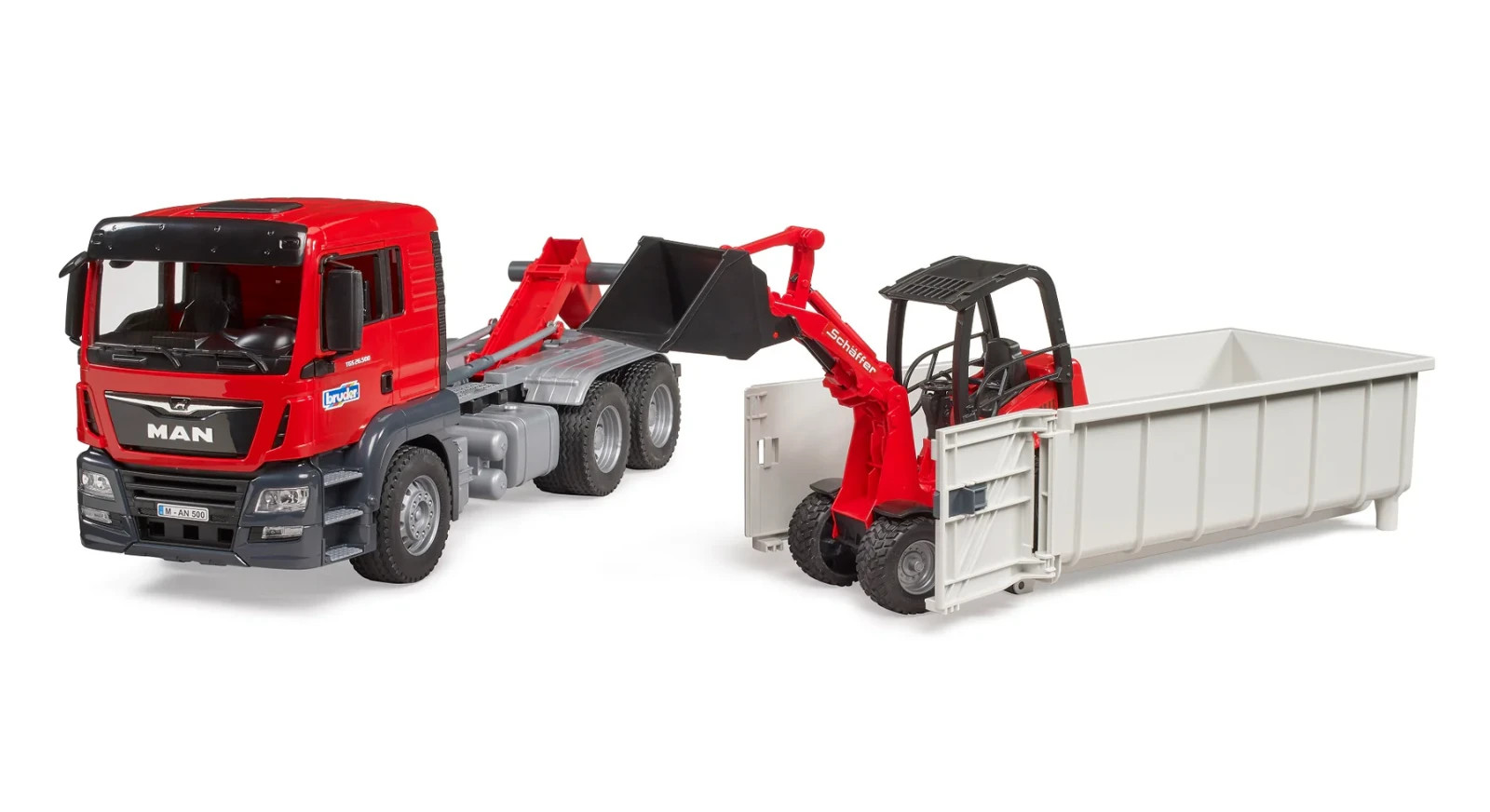 MB Arocs Truck w/ Roll-Off-Container + Mini Excavator Bruder Toy Car Model 1/16