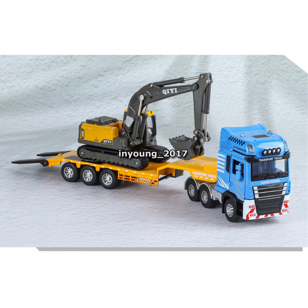 Flatbed Truck with Excavator Playset Diecast Toy Cars Toys for Boys Kids Blue