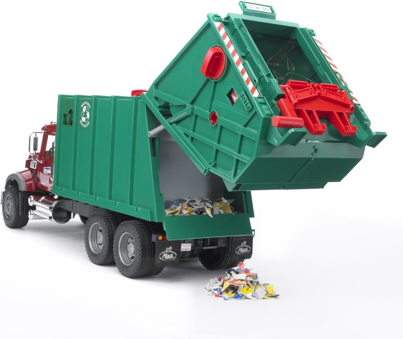 Realistic Mack Granite Rear Loading Garbage Truck for Kids | Ages 4+, Red/Green