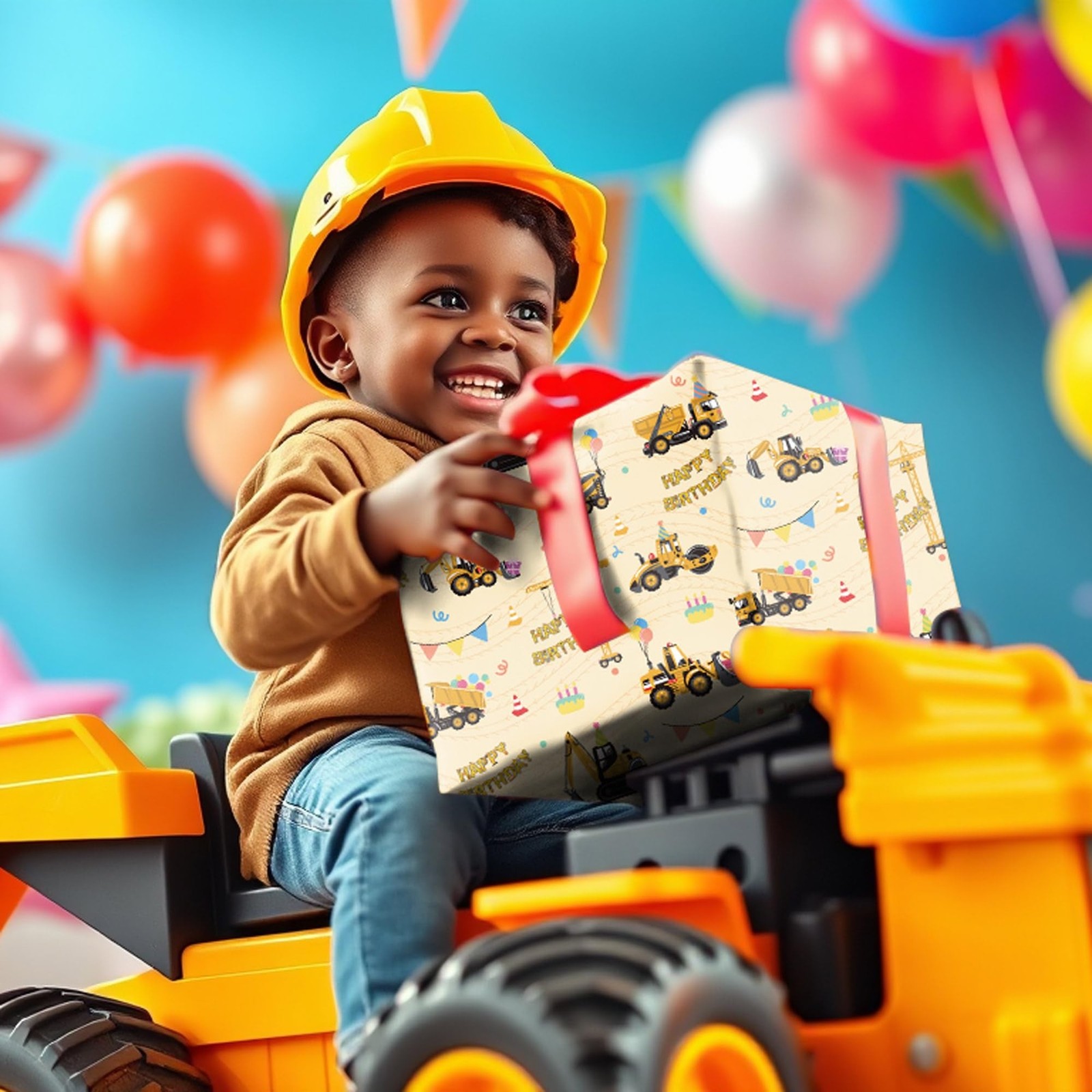 RiukRaiu Construction Wrapping Paper for Boys – Yellow Mixer Truck Crane B