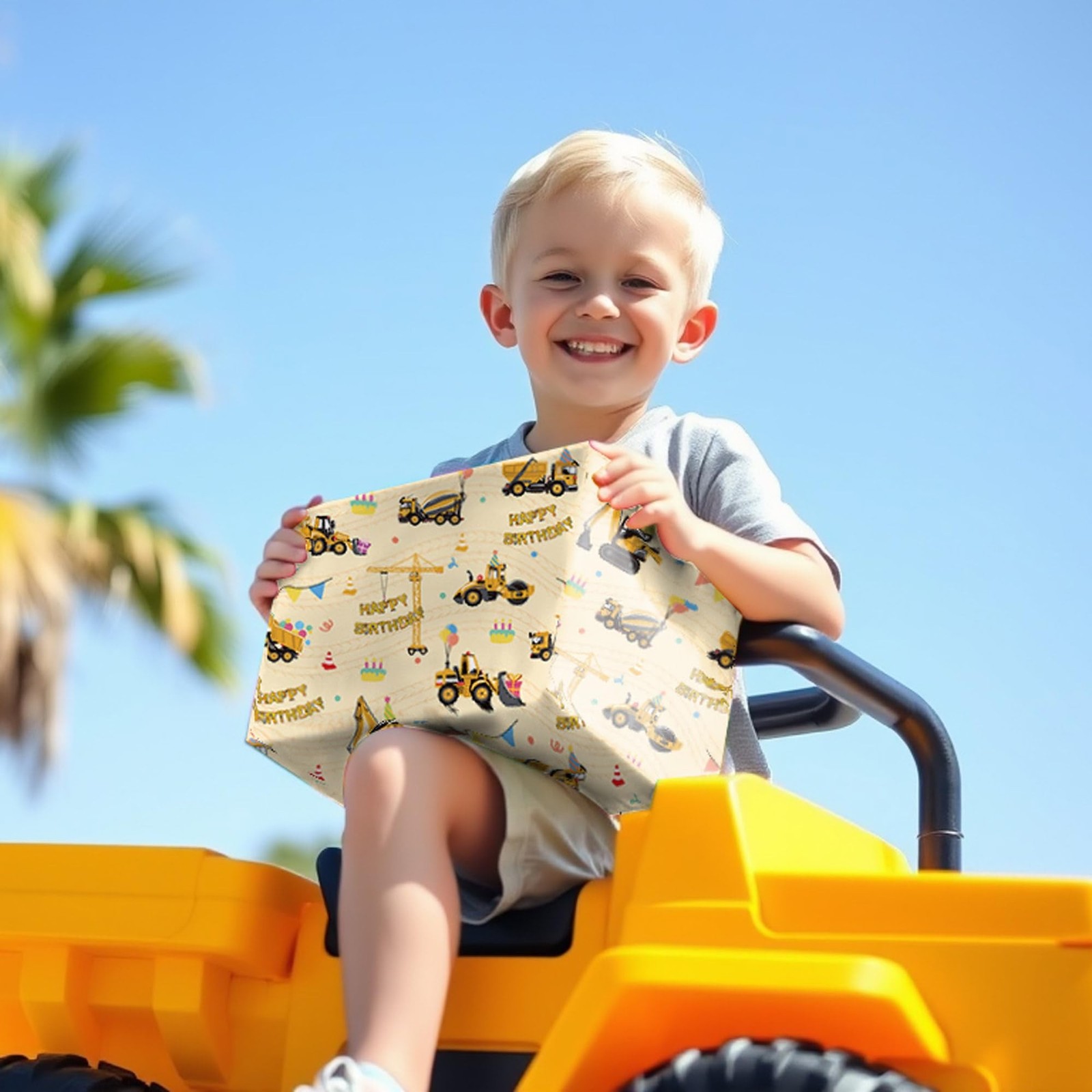 RiukRaiu Construction Wrapping Paper for Boys – Yellow Mixer Truck Crane B