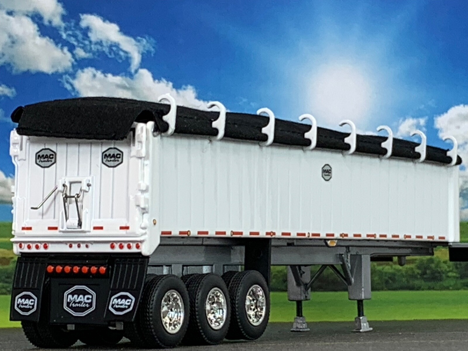 1/64 DCP WHITE MAC TRI AXLE END DUMP TRAILER W/ BLACK TARP