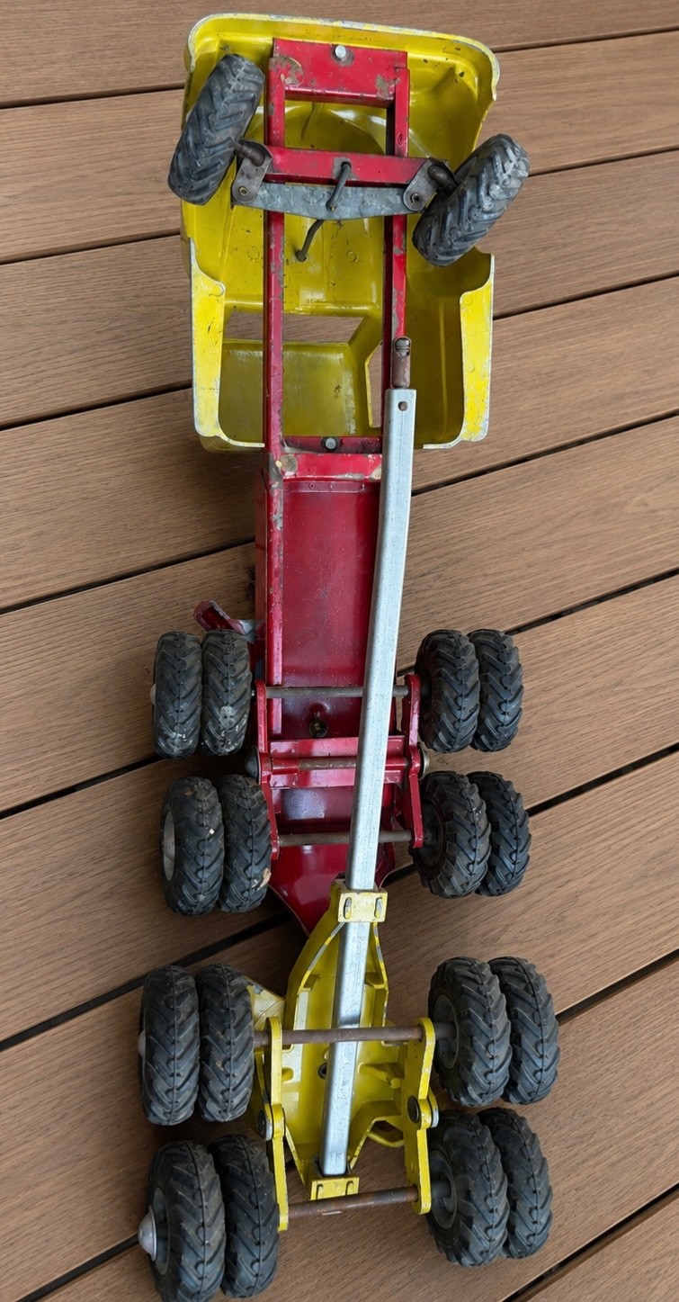 Vintage All American Toy Co. Yellow Timber Toter Pressed Steel Logging Truck & T