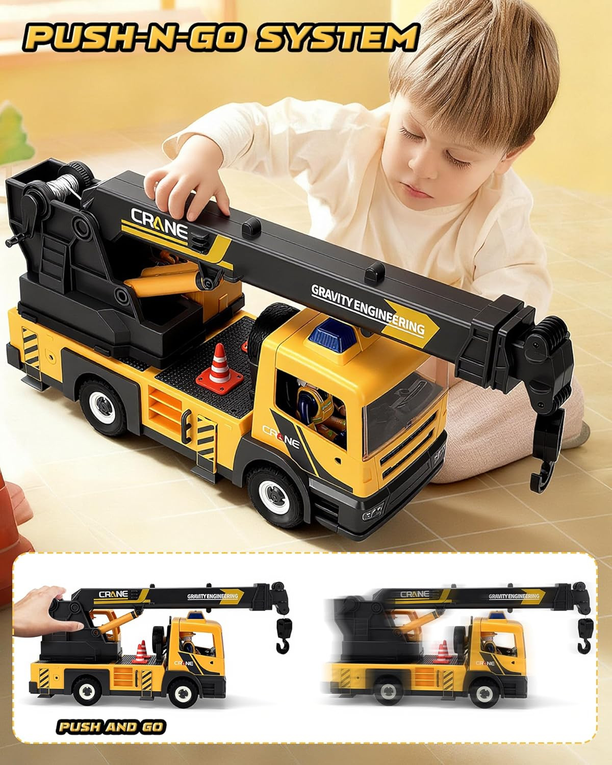Large Crane Truck Toy with Extendable Crane Arm, Lights & Siren Sounds, Assemble