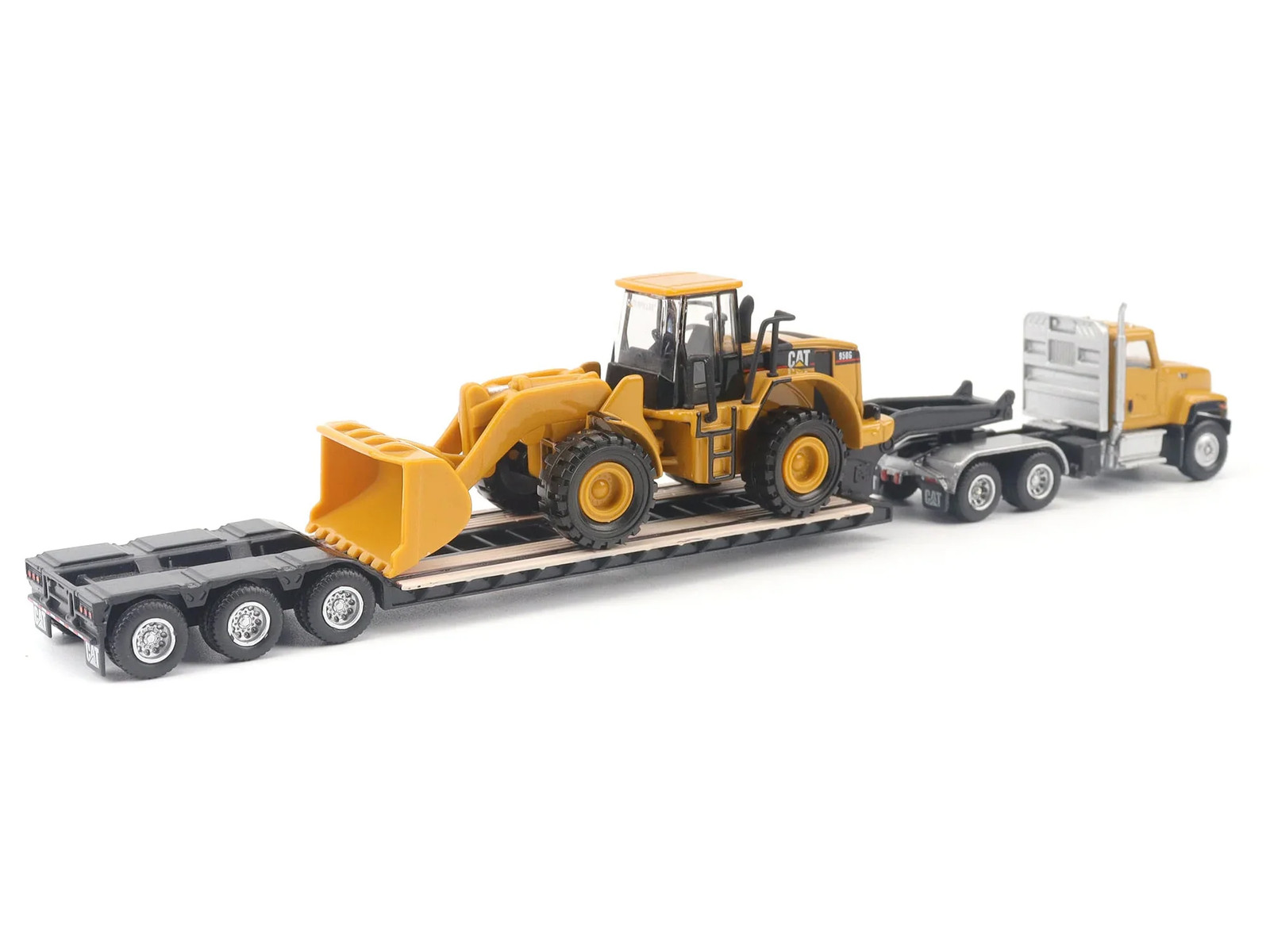 CAT Caterpillar CT681 Day Cab Tractor Yellow with Lowboy Trailer and CAT 950G W