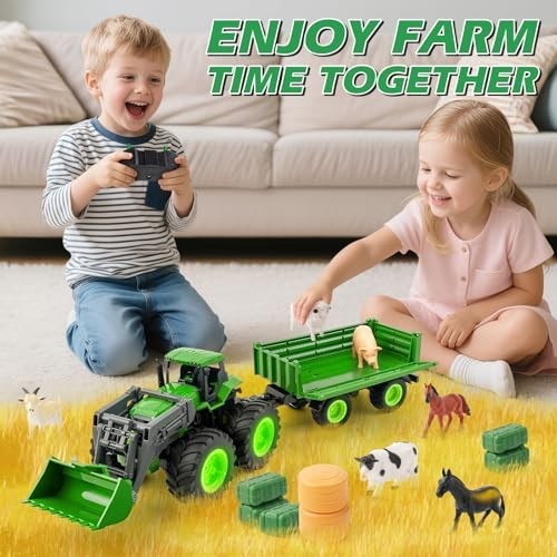 Remote Control Tractor Toy Set with Truck & Trailer, 2.4GHz Farm Vehicle for Kid