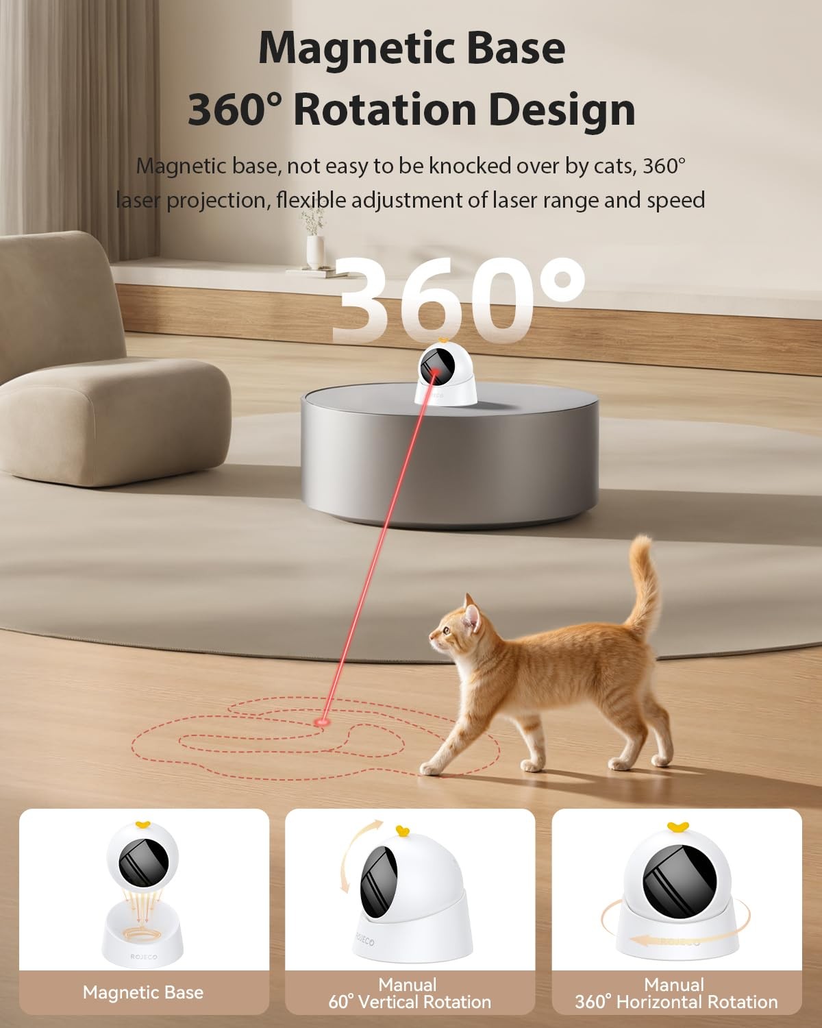 ROJECO Auto Laser Cat Toy – Random Motion Track, Magnetic 360 Base, Run Quiet,Re