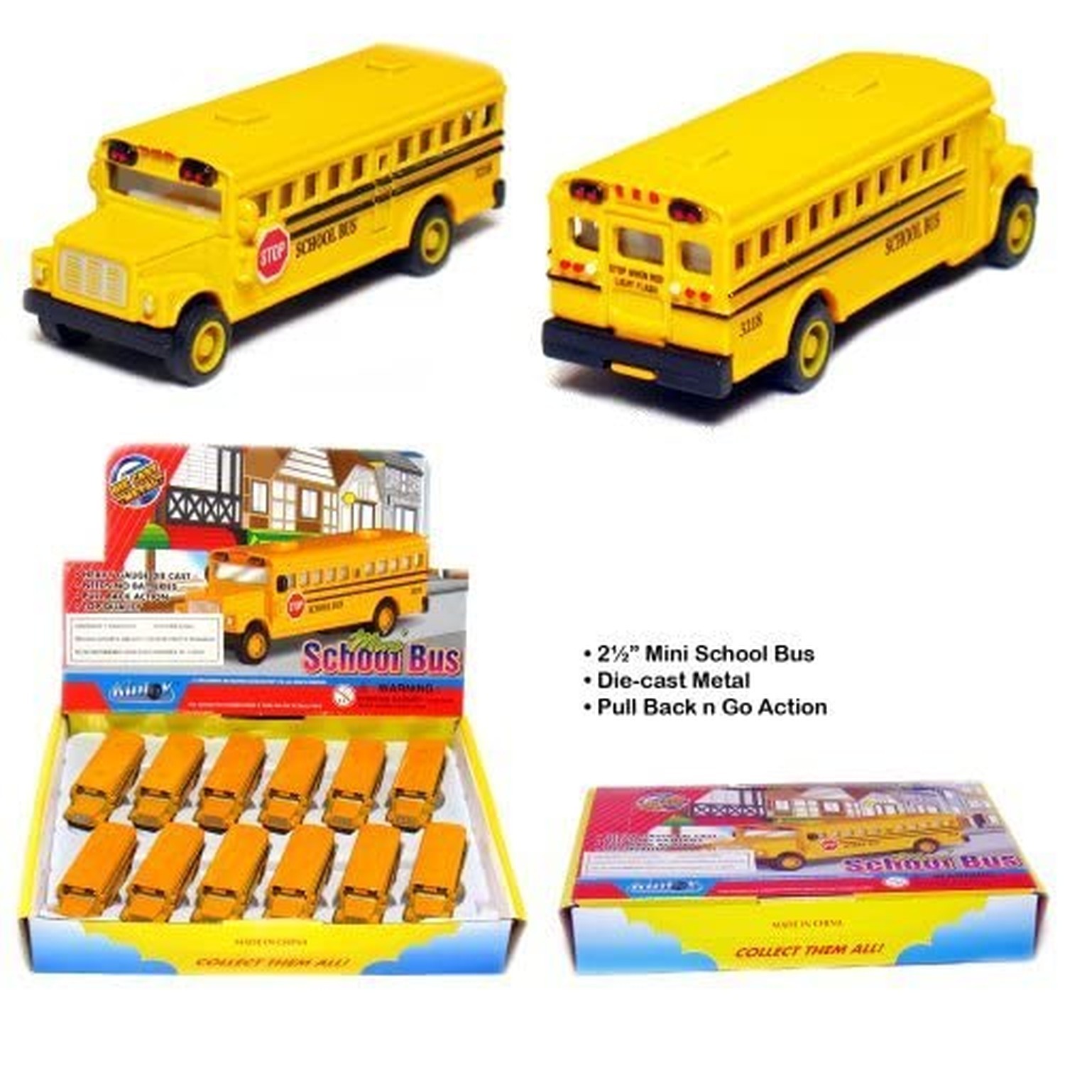 🚌 KiNSFUN Classic Long Nose School Bus 2½” Die Cast Metal w/ Pull B