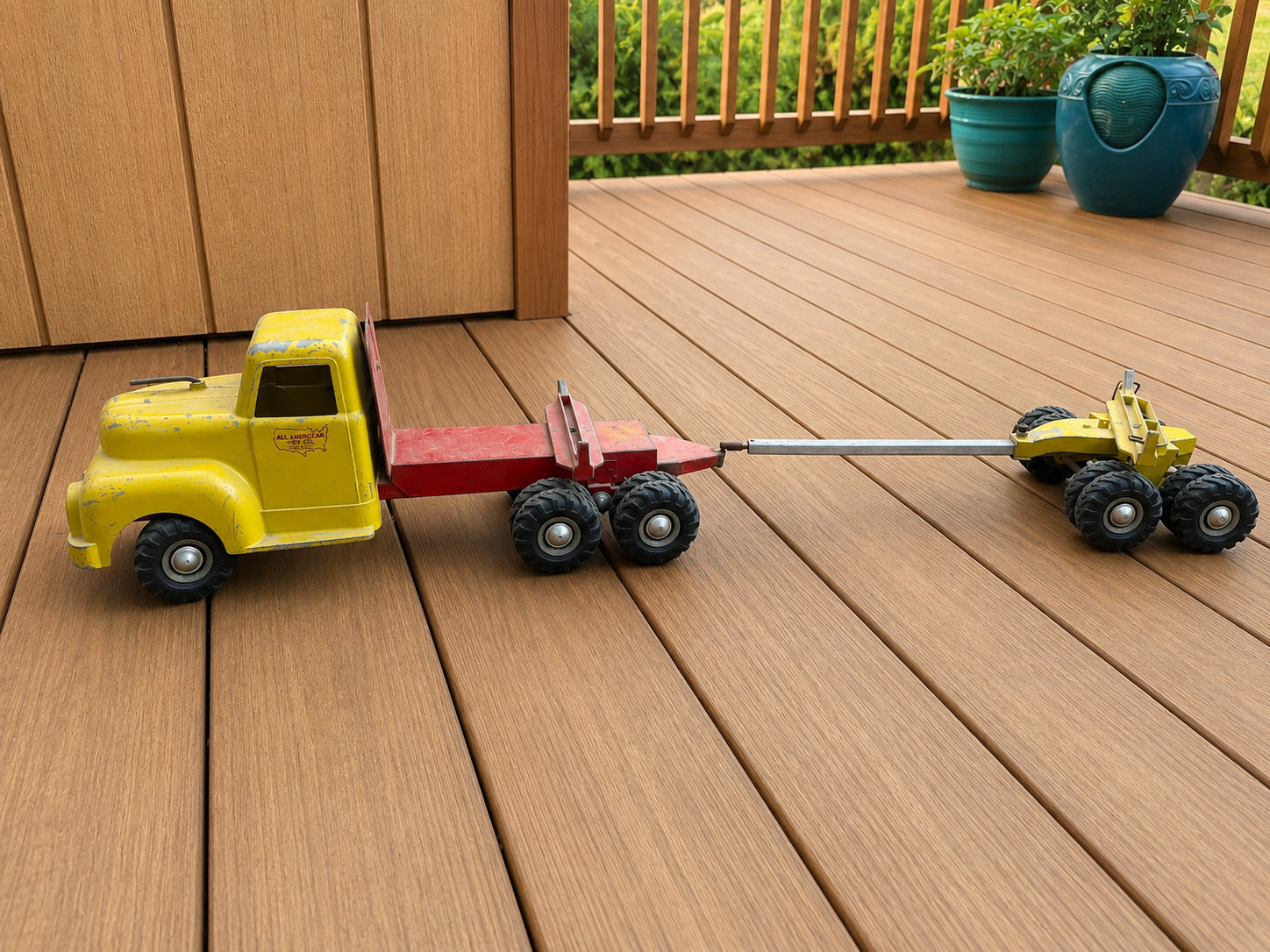 Vintage All American Toy Co. Yellow Timber Toter Pressed Steel Logging Truck & T