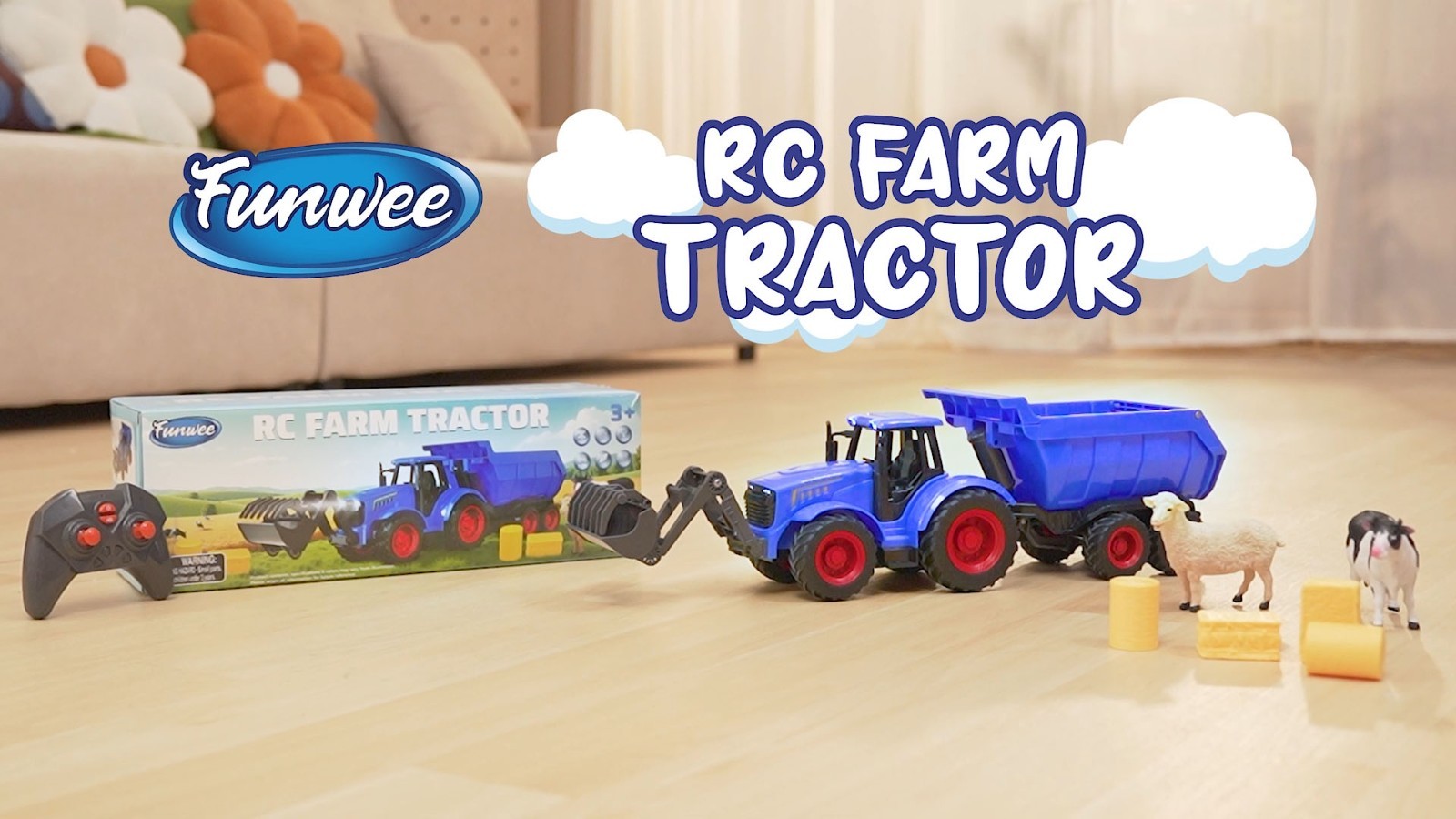 Remote Control Tractor Toy Set with Lights & Sounds, Farm Animal Trailer for Kid