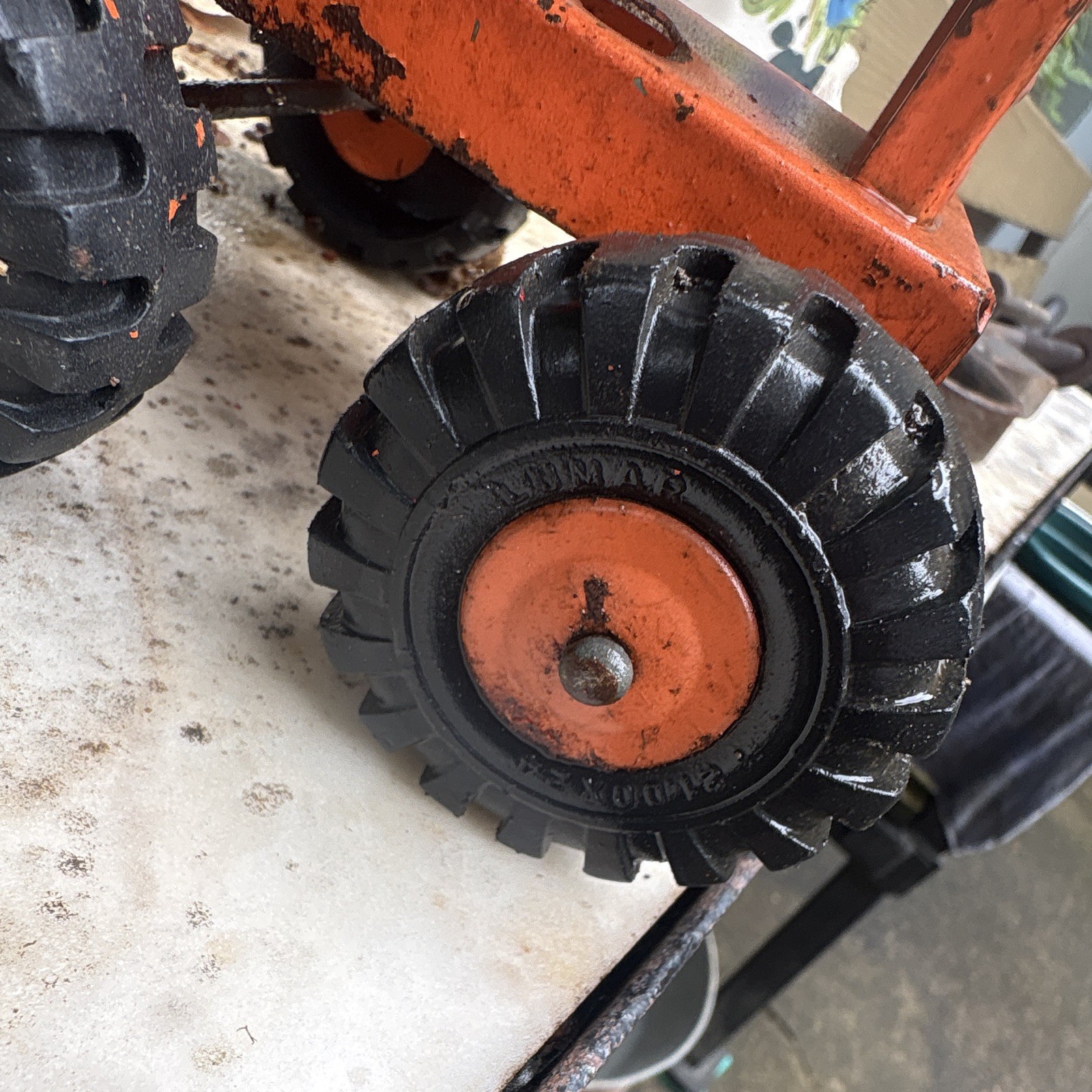 Vintage Road Grader Construction Toy, Pressed Steel, Orange & Black Lumar tires
