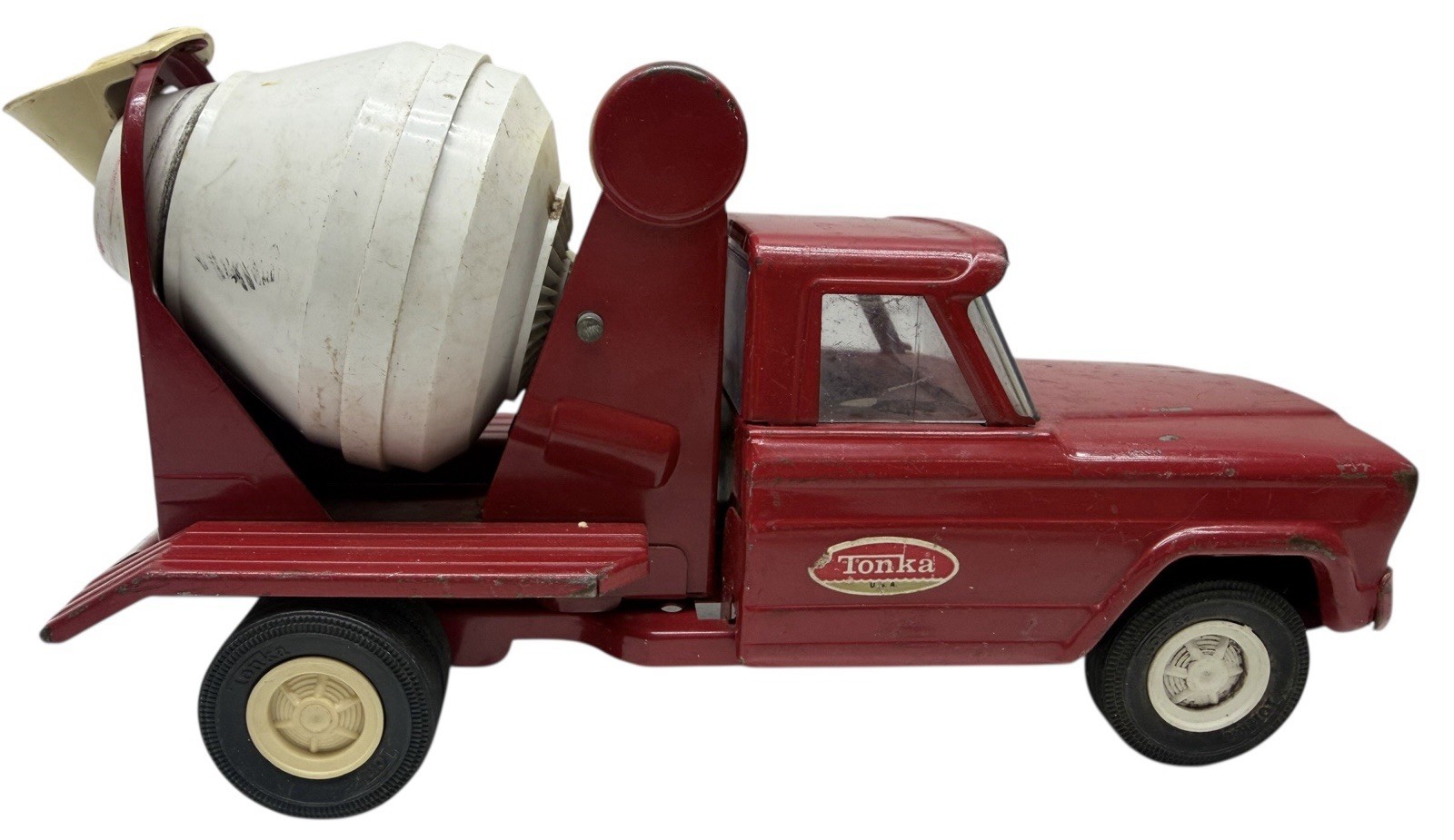 Vintage 1960s Red Tonka 9″ Pressed Steel Cement Mixer with Working Drum