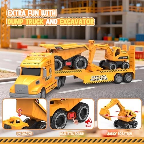 27-In Semi Construction Truck 3-in-1 Excavator Dump Truck Lights Sounds Yellow