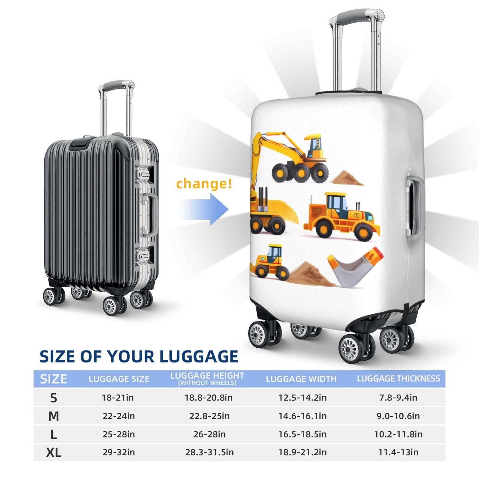 Machinery Excavator Truck and Loader Travel Luggage Suitcase COVER, Cartoon B…