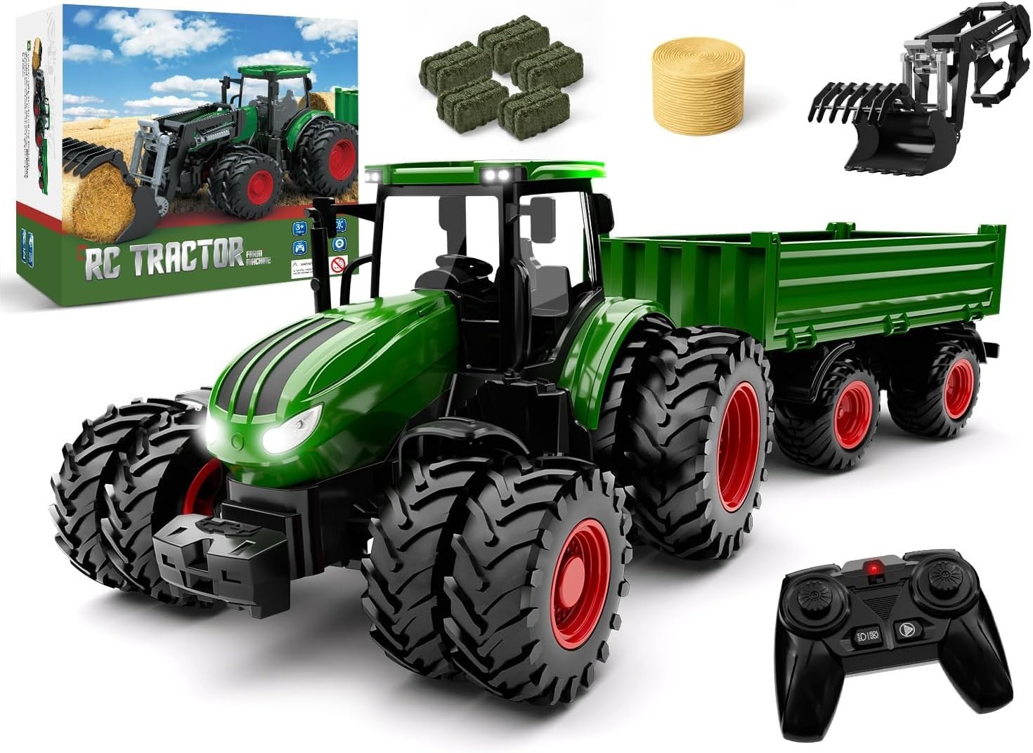 Realistic 8-Wheel RC Tractor with Metal Loader & Lights – Perfect Gift for Kids
