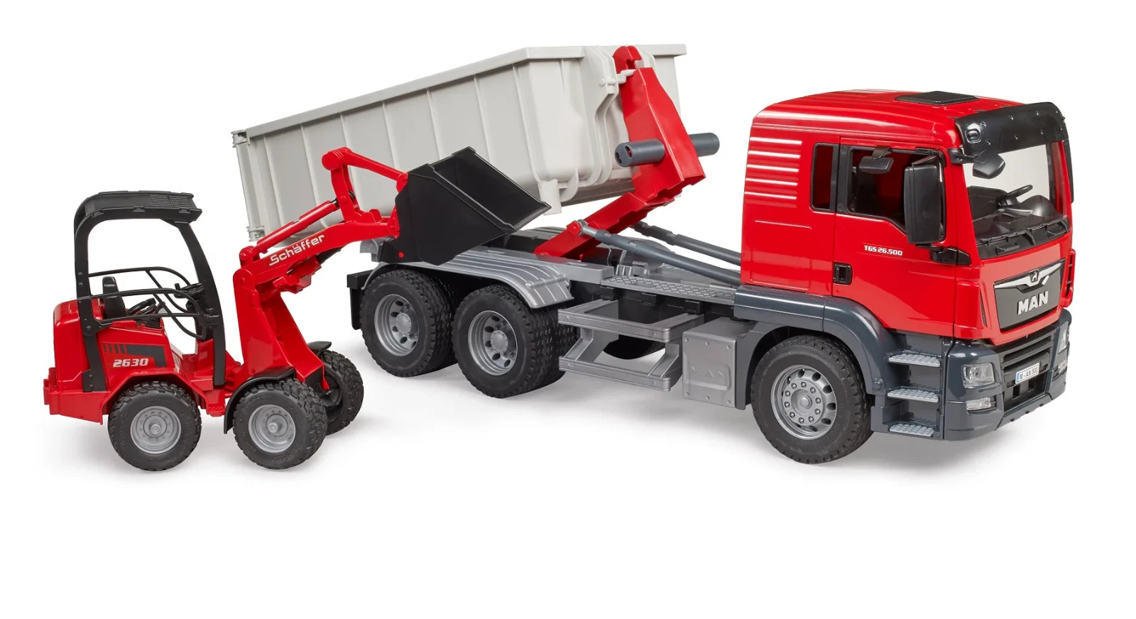 MB Arocs Truck w/ Roll-Off-Container + Mini Excavator Bruder Toy Car Model 1/16