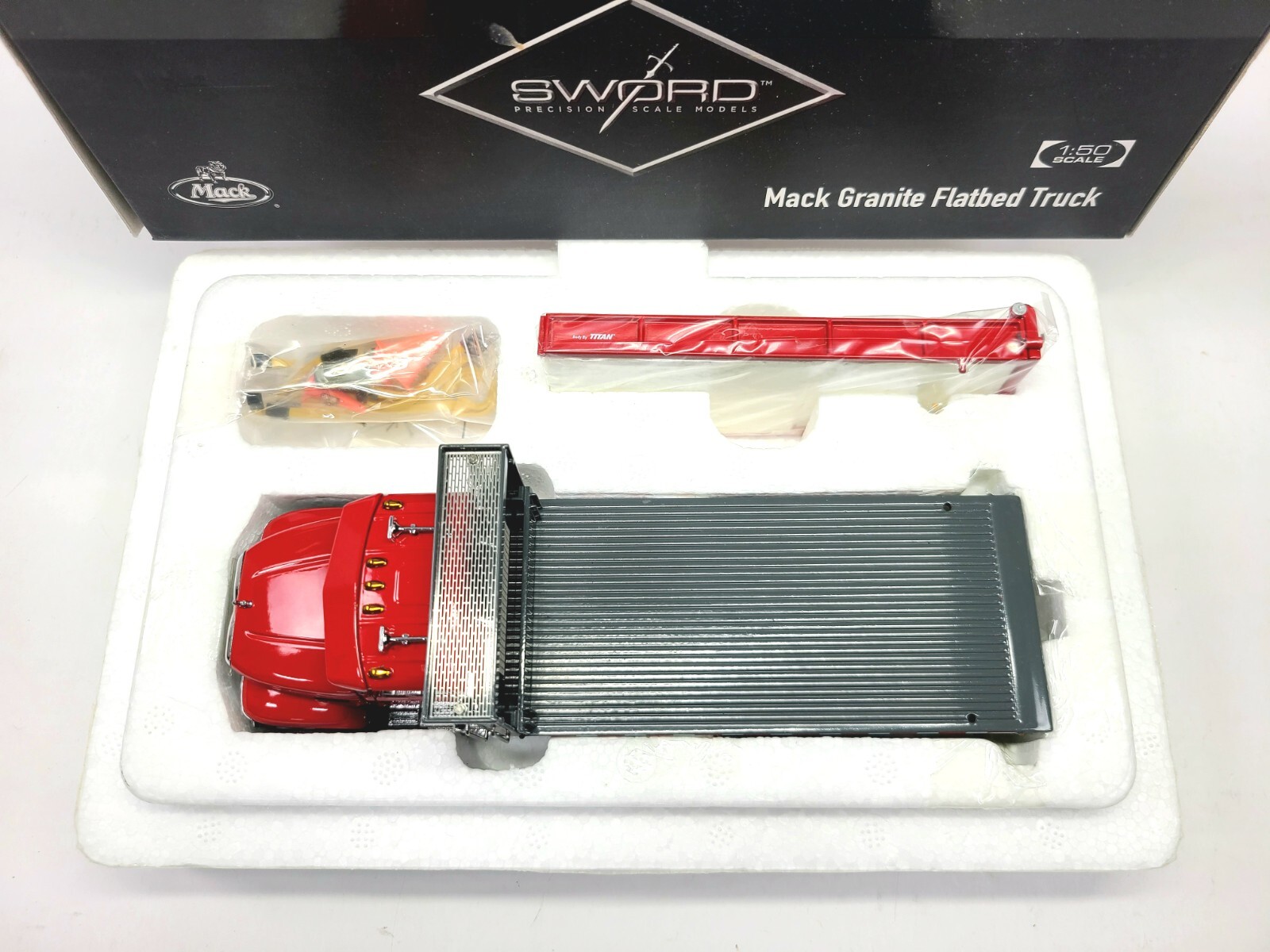 Mack Granite Flatbed Truck – Red – Sword 1:50 Scale Diecast Model #SW2102-R New