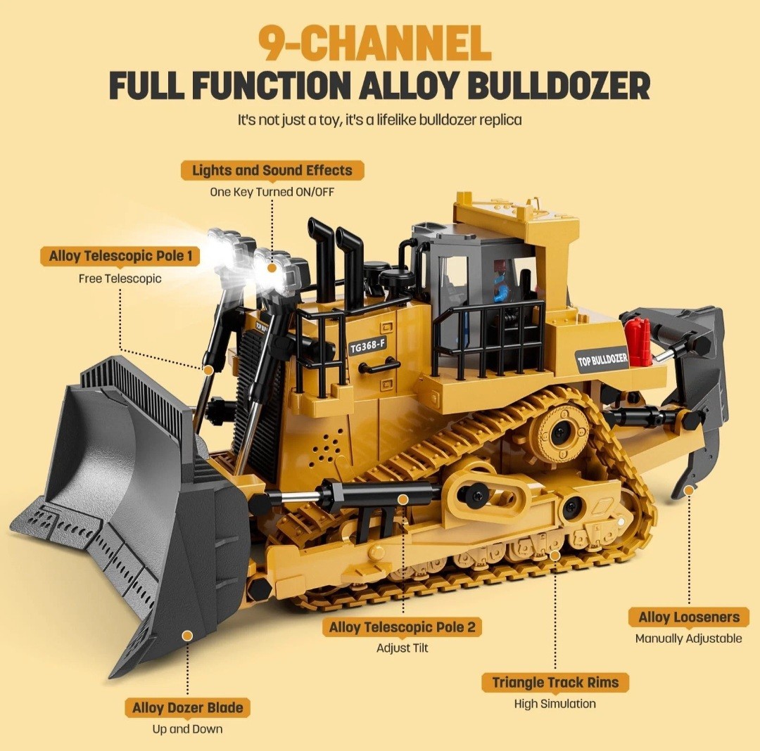 KIDMARKT Metal 9-Channel Remote Control RC Bulldozer Toy Tractor-Lights & Sounds
