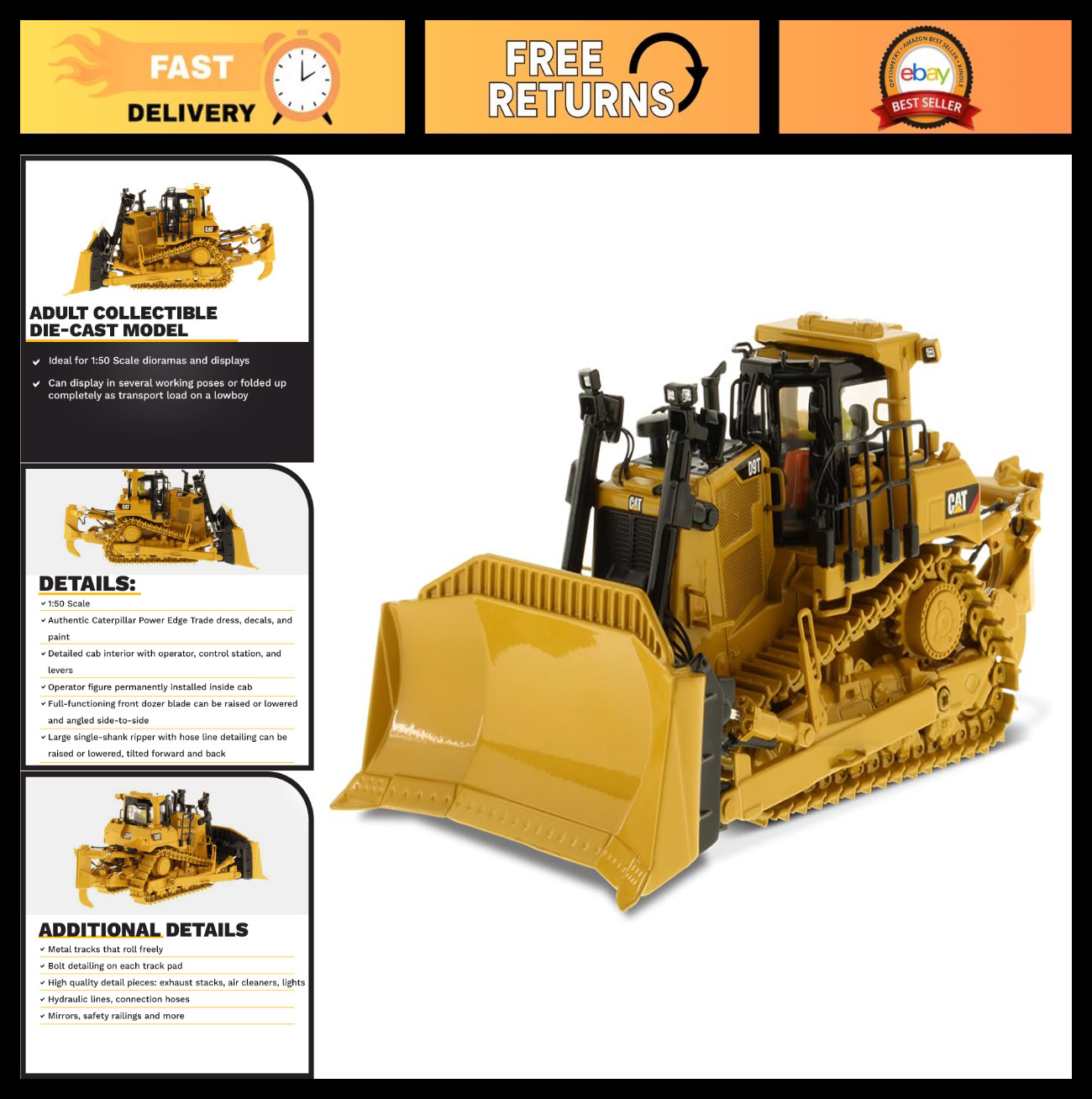 1:50 Scale Diecast Cat D9T Track-Type Tractor Model, Metal Dozer Replica for Col