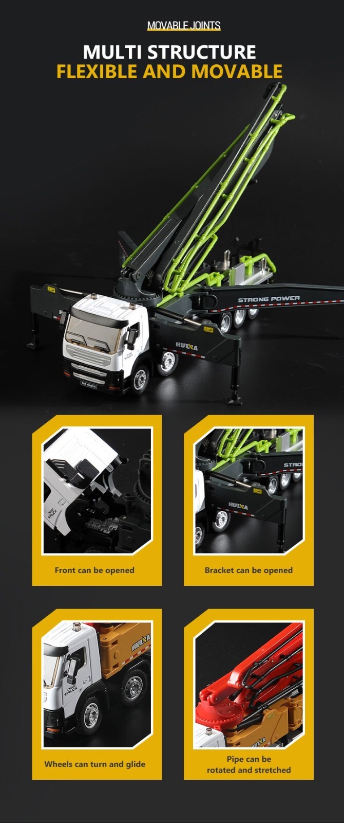 Huina 1:50 Concrete Pump Construction Vehicle Model Truck Alloy Movable Crane