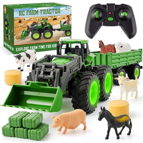 Remote Control Tractor Toy Set with Truck & Trailer, 2.4GHz Farm Vehicle for Kid