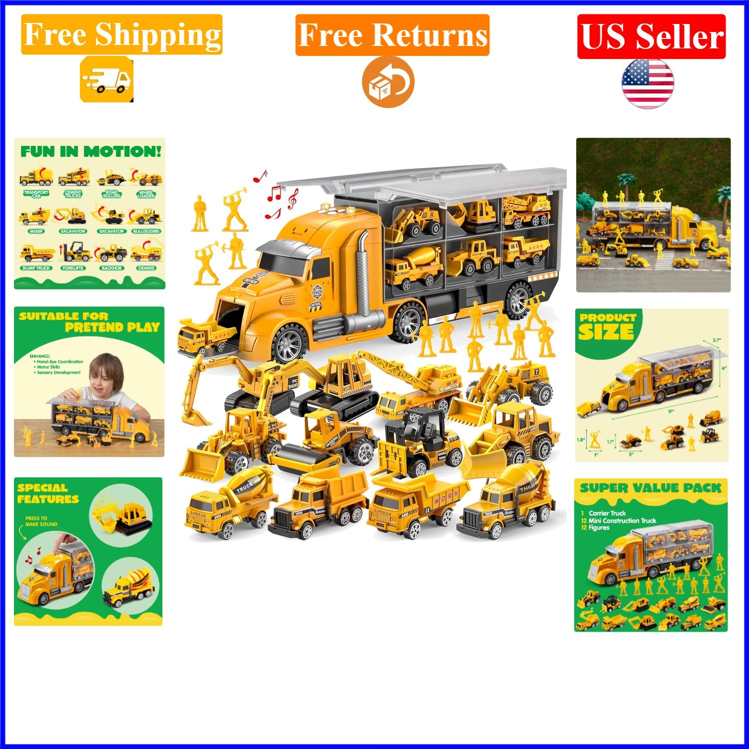 25-in-1 Kids Construction Truck Play Set, 24 Vehicles & Figures, Ages 3-7