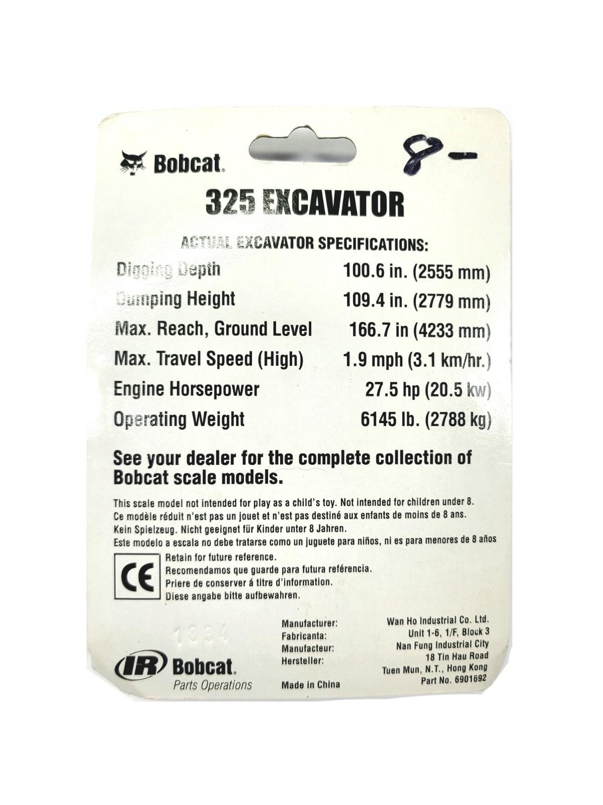 Bobcat 325 Compact Excavator – Wan Ho 1:50 Scale Diecast Model #6901692 New
