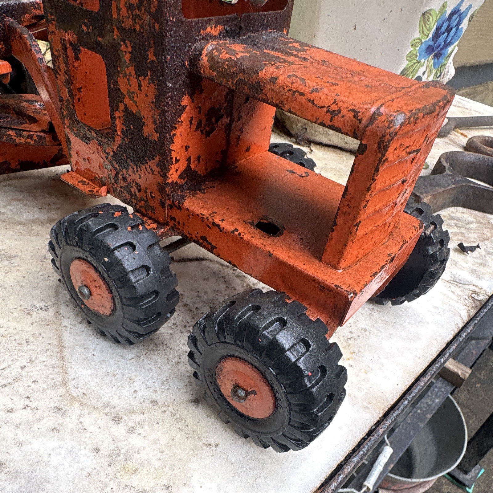 Vintage Road Grader Construction Toy, Pressed Steel, Orange & Black Lumar tires