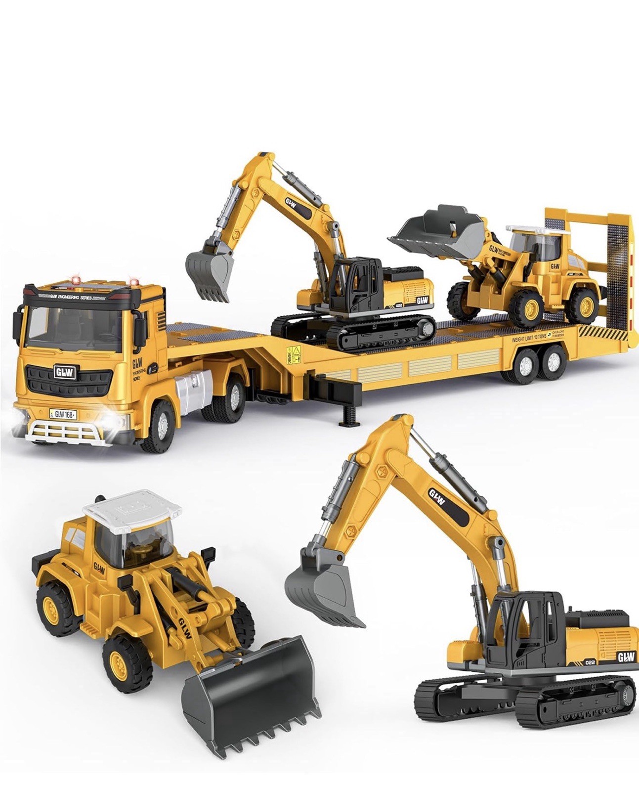 Alloy DieCast Construction Vehicles Toy Set w/Semi Truck, Excavator Loader Open