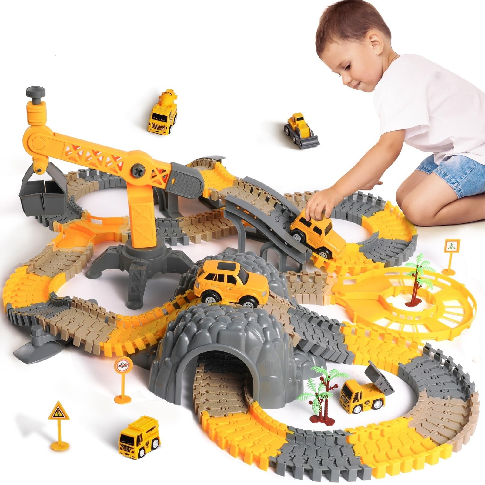 TUMAMA 249pcs Construction Race Track Vehicle Toys for Boys and Girls, STEM B…