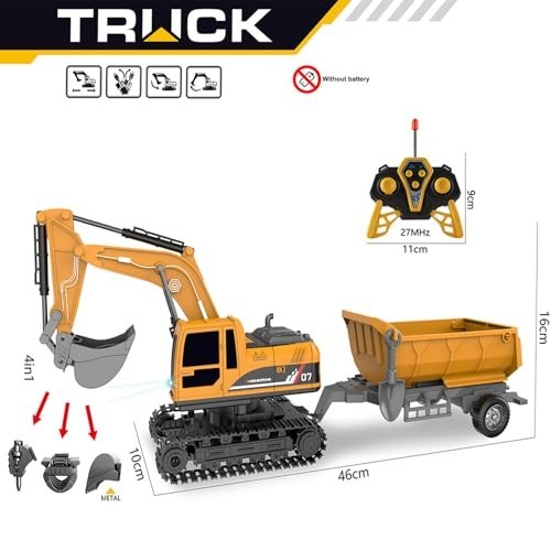 RC Excavator & Sand Hauler 4-in-1 Toy Set Gift 4-8 | 4-in-1: metal/ABS buckets,