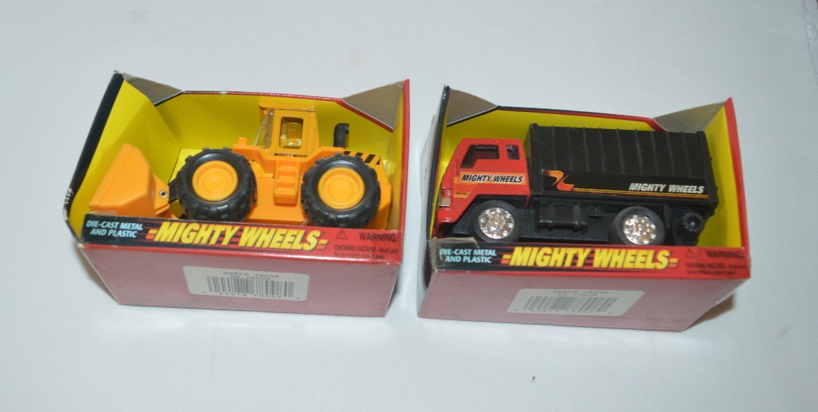 MIGHTY WHEELS MADE BY SOMA – YELLOW WHEEL LOADER & RED & BLACK TRUCK HAULER