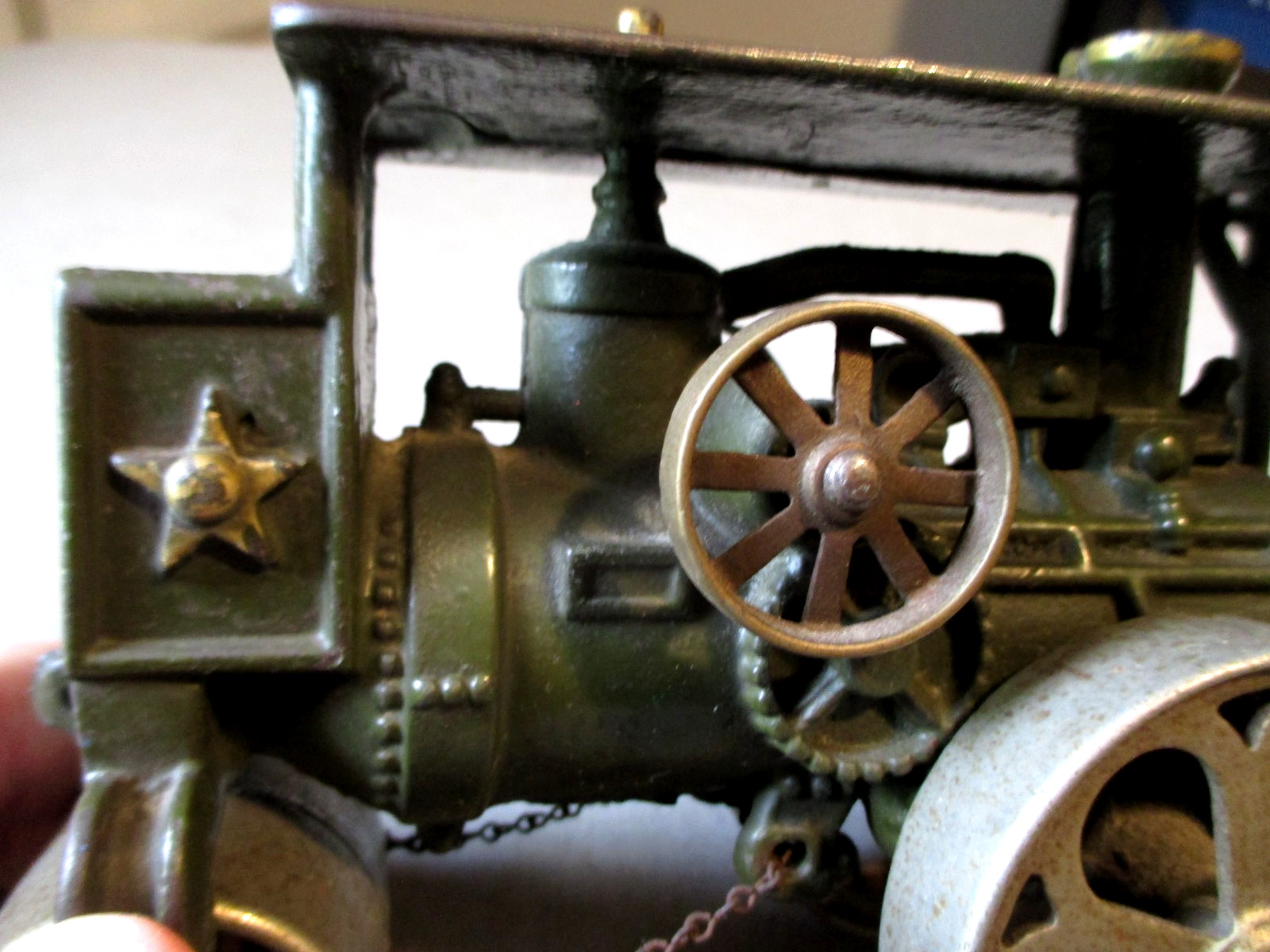 1930- HUBLEY CAST IRON HUBER STEAM ROLLER- 100% ORG- HIGH GRADE ANTIQUE TOY 7.5″