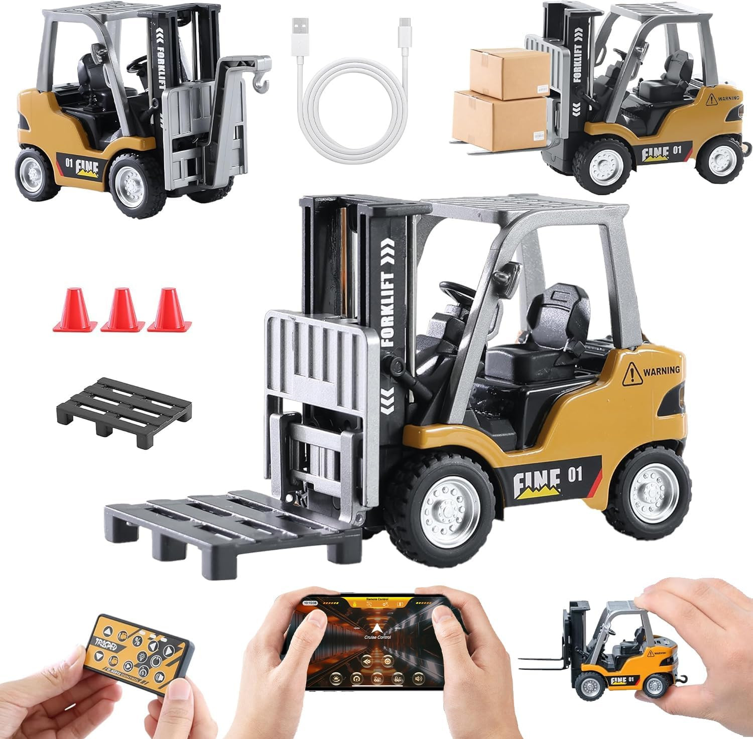Remote Control RC Forklift Cranes,1/64 Mini Rechargeable Forklift Truck,2 in 1 T