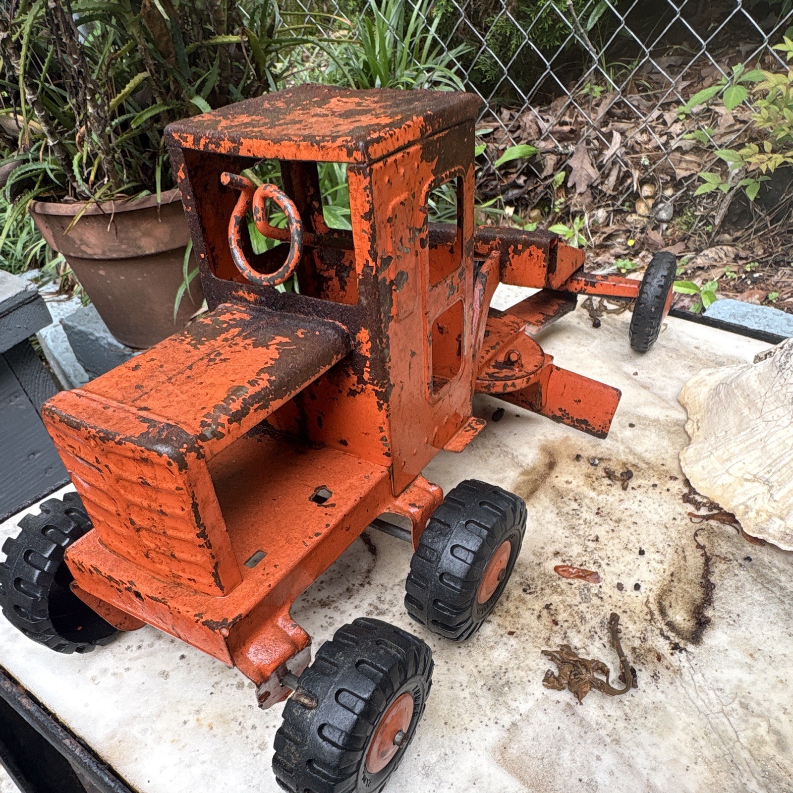 Vintage Road Grader Construction Toy, Pressed Steel, Orange & Black Lumar tires