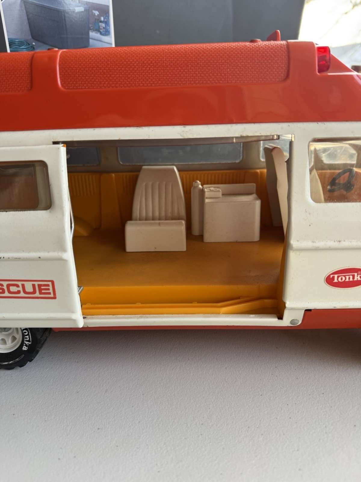 Vintage Tonka Pressed Steel Ambulance Rescue Vehicle Van Truck Orange White