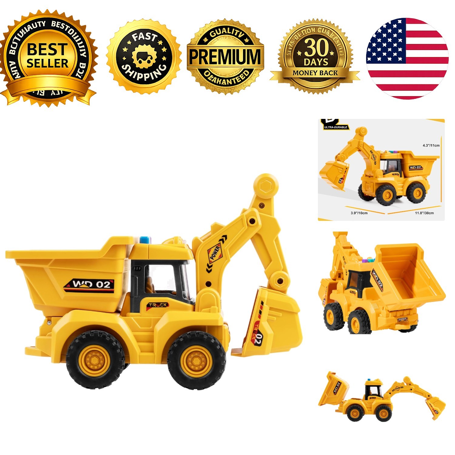11 Inch Dump Truck Toy 1:18 Scale Inertia Powered Realistic Lights Rumbling