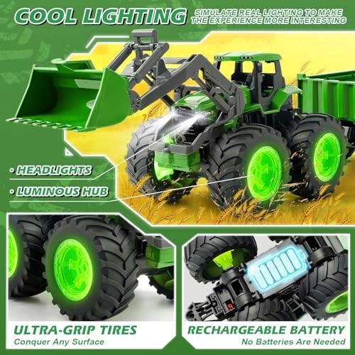 Remote Control Tractor Toy Set with Truck & Trailer, 2.4GHz Farm Vehicle for Kid