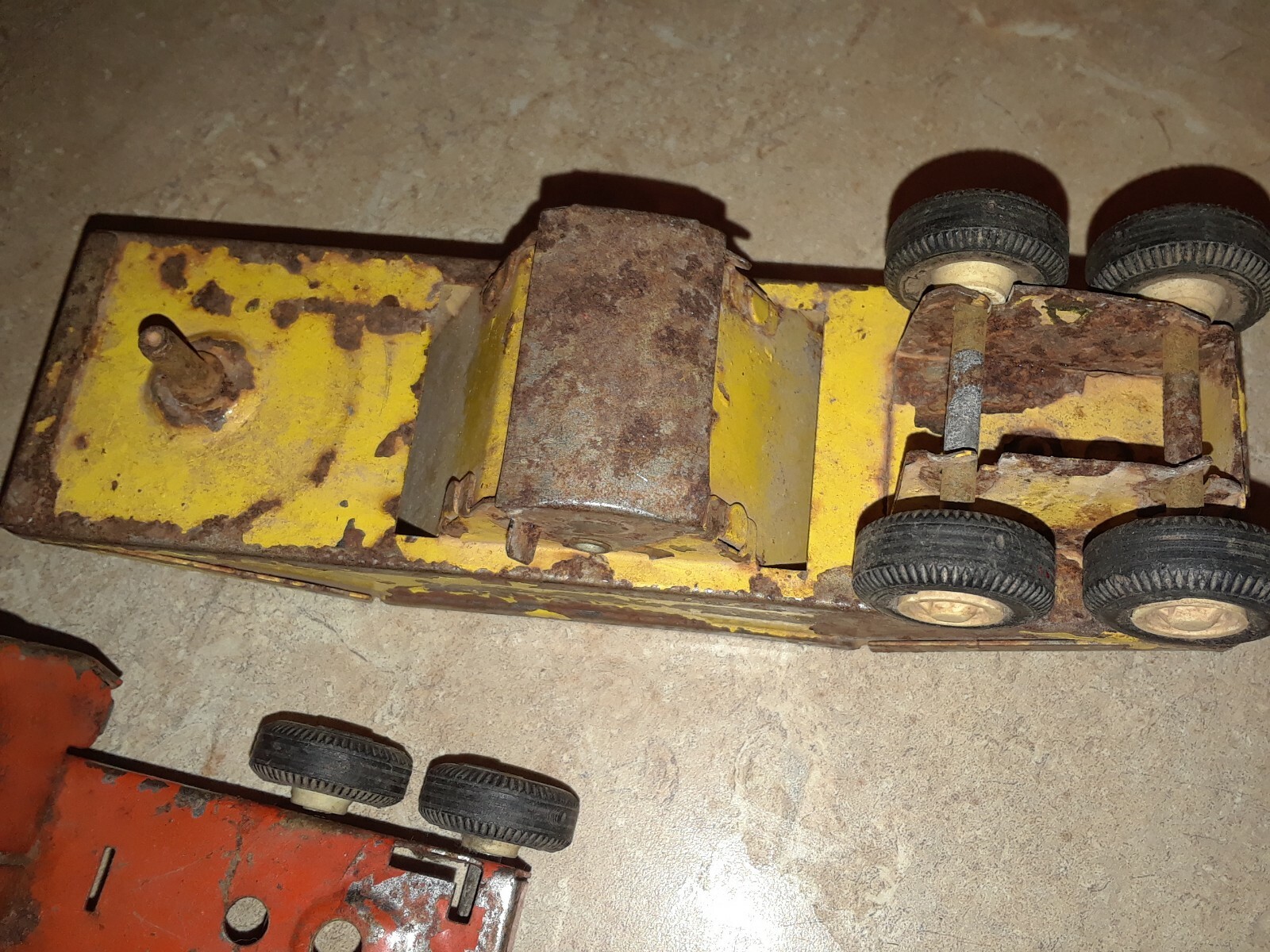Vintage Tonka Lot: Orange Semi Cab, Yellow Bottom Dump, Red/Yellow Dump Truck