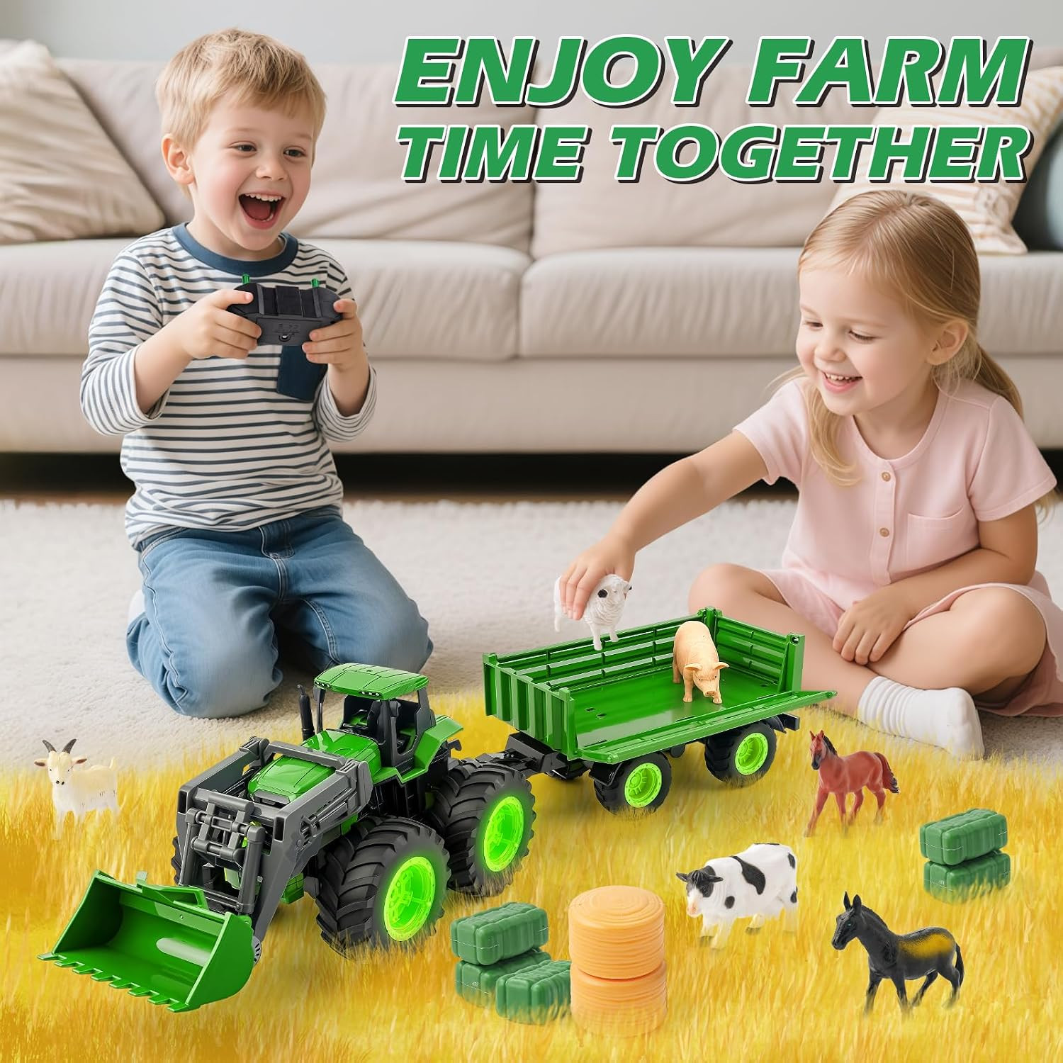 Remote Control Tractor Toy Set with Trailer & Farm Accessories, Light up Farm Tr