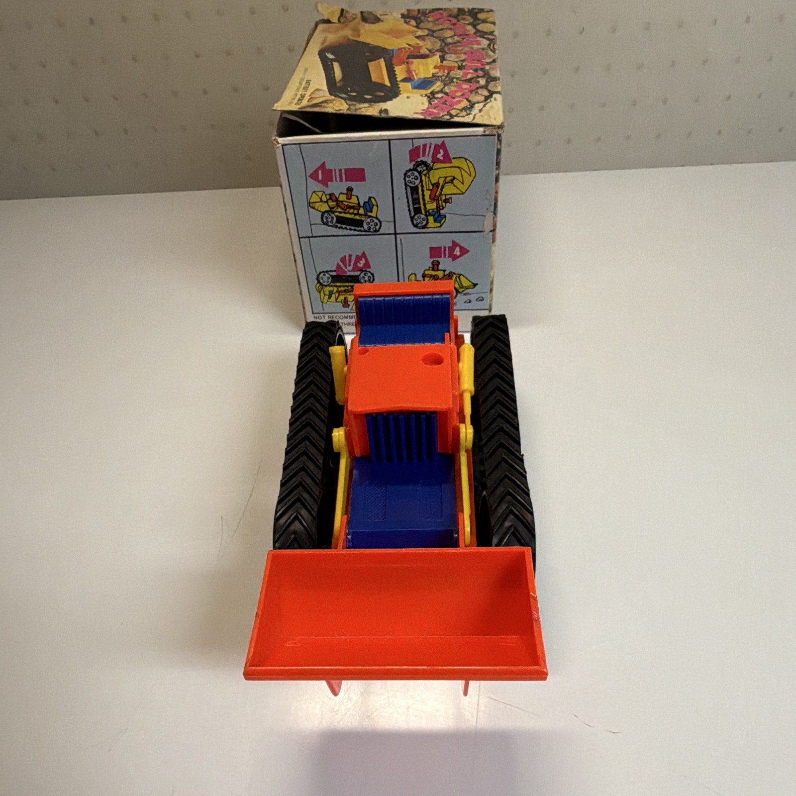 Battery Operated Plastic Toy Bulldozer, Boxed, Orange/Blue/Yellow/Black