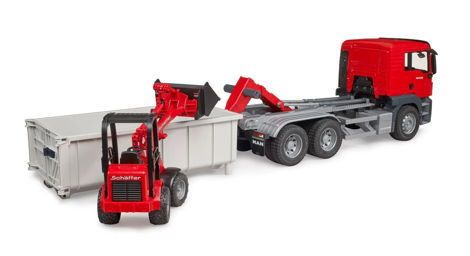 MB Arocs Truck w/ Roll-Off-Container + Mini Excavator Bruder Toy Car Model 1/16