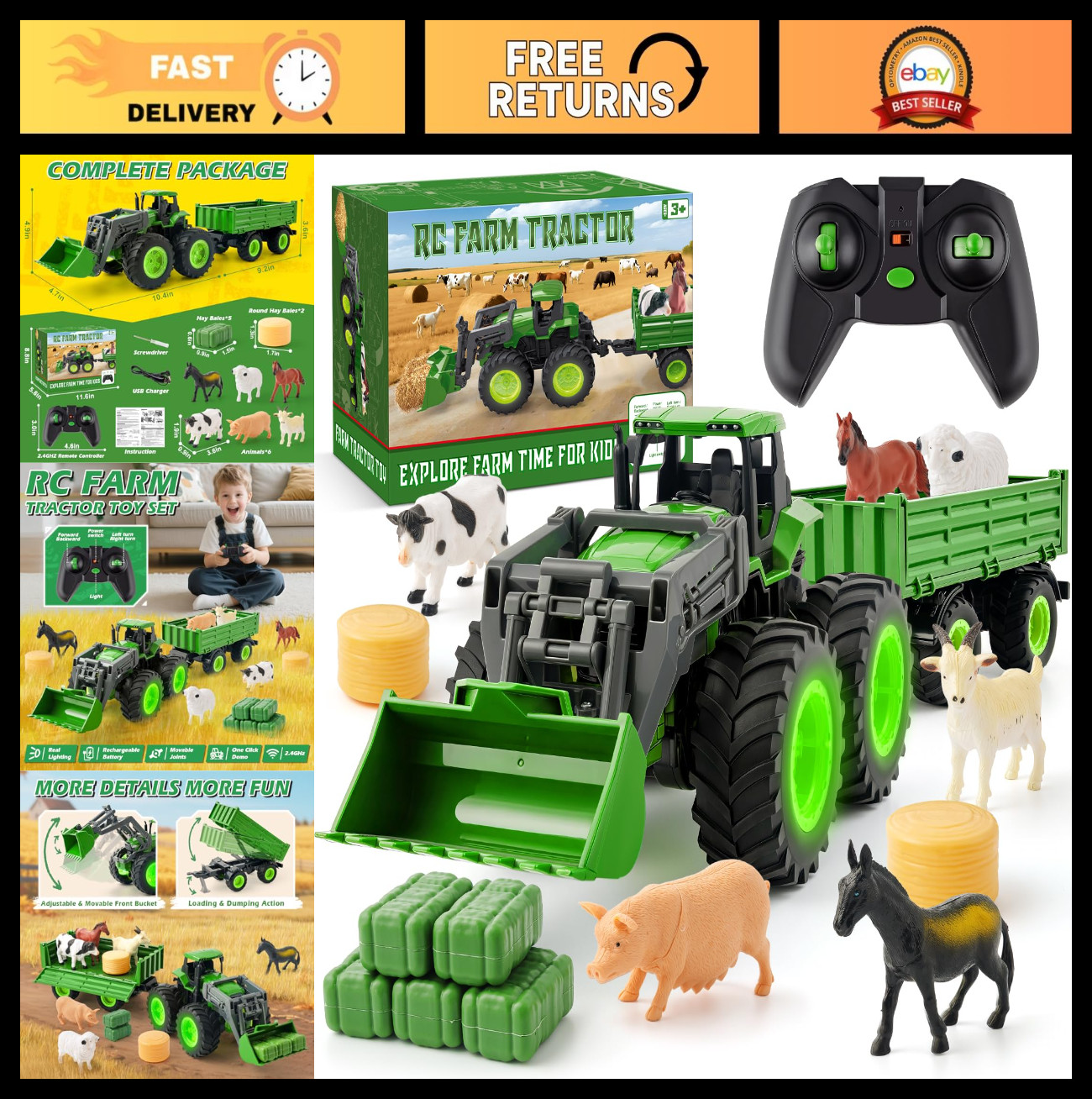 Remote Control Tractor Toy Set with Truck & Trailer, 2.4GHz Farm Vehicle for Kid