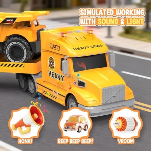 27-In Semi Construction Truck 3-in-1 Excavator Dump Truck Lights Sounds Yellow