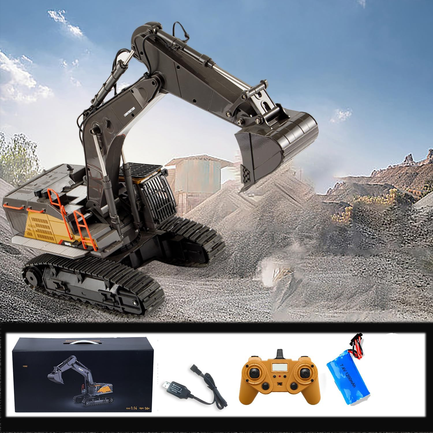 20.4 Inch 22 Channels Remote Control Excavator Truck 1/14 Scale Metal Shovel Ind